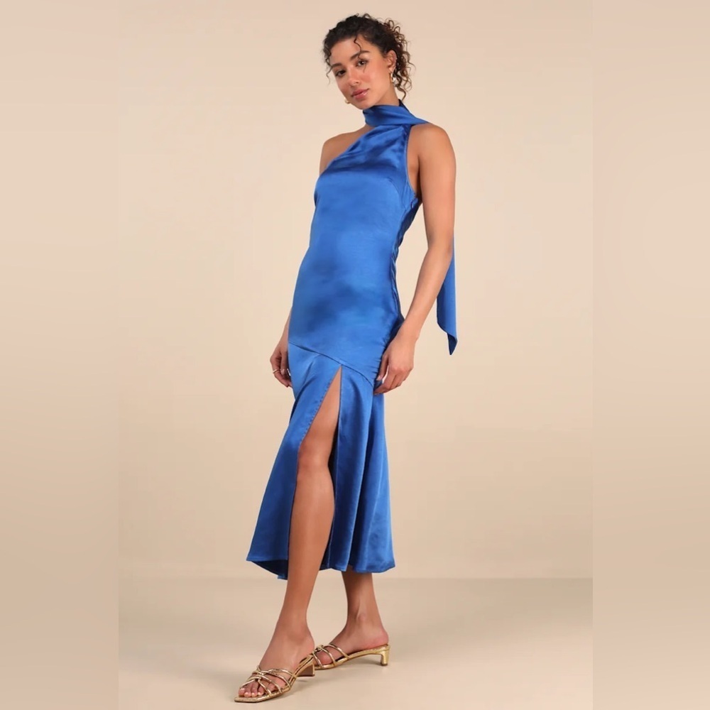Lulus Reglan Blue Satin One-Shoulder Sash Midi Dress - Picture 3 of 9